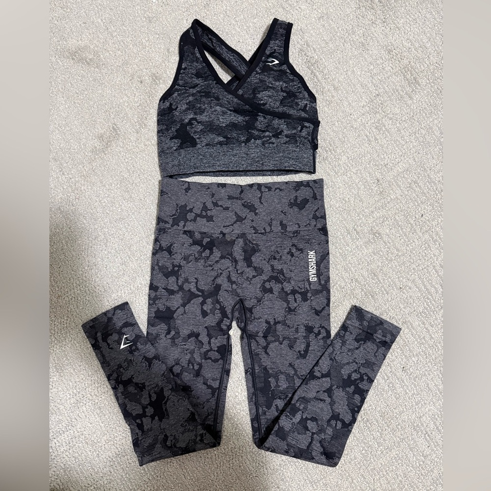 Gymshark Black & Charcoal Camo High-Waist Leggings with Crisscross Sports Bra